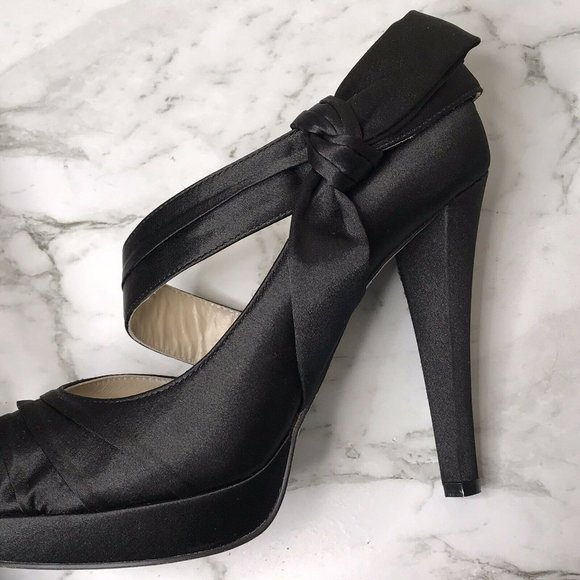 SOLD Wittner Black Satin Nippo Bow Heels Shoes 37 - Picture 4 of 12